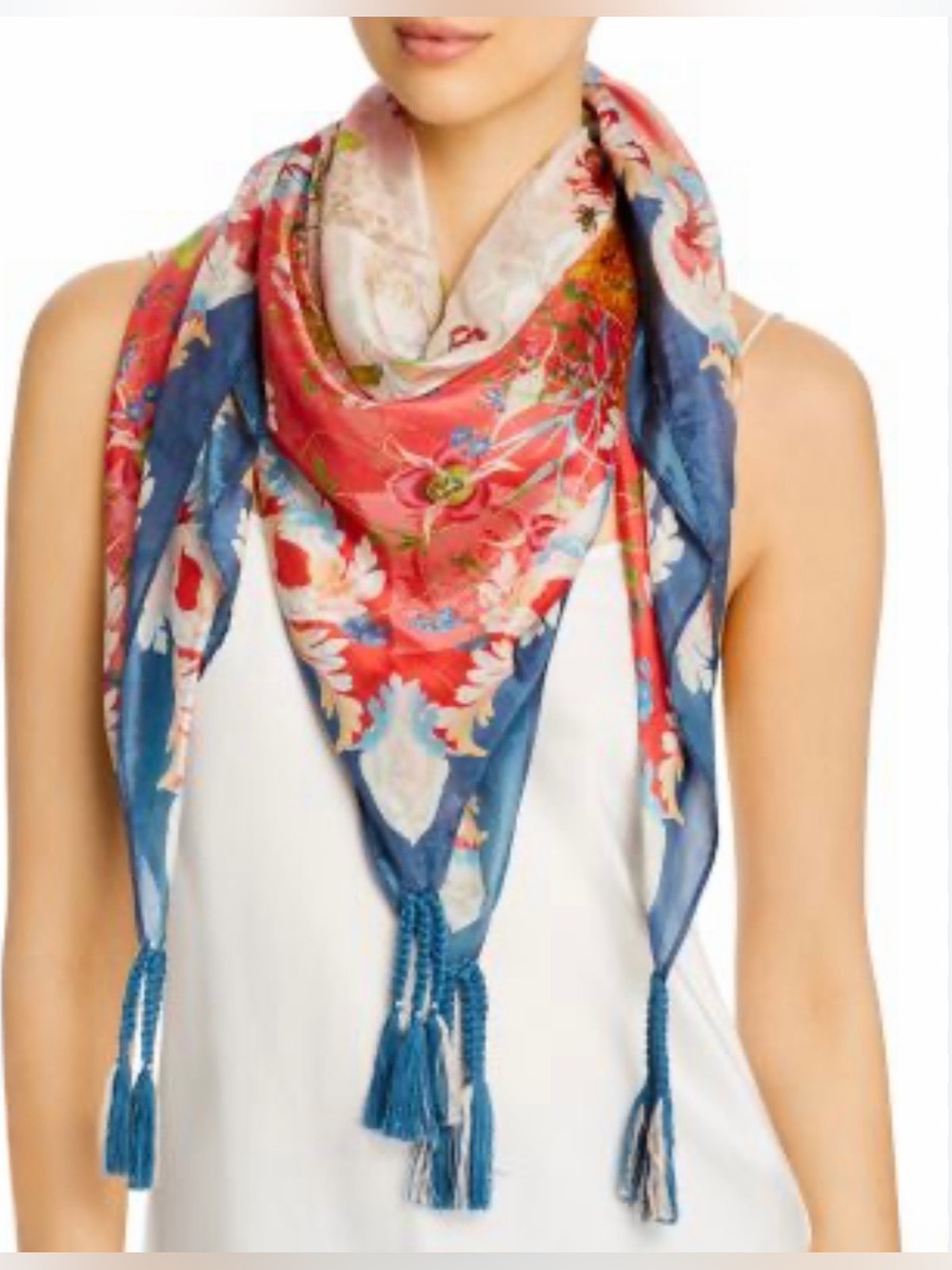 Johnny Was Blue and Coral Red Silk Floral Tassel Triangle Scarf, NWT and Box